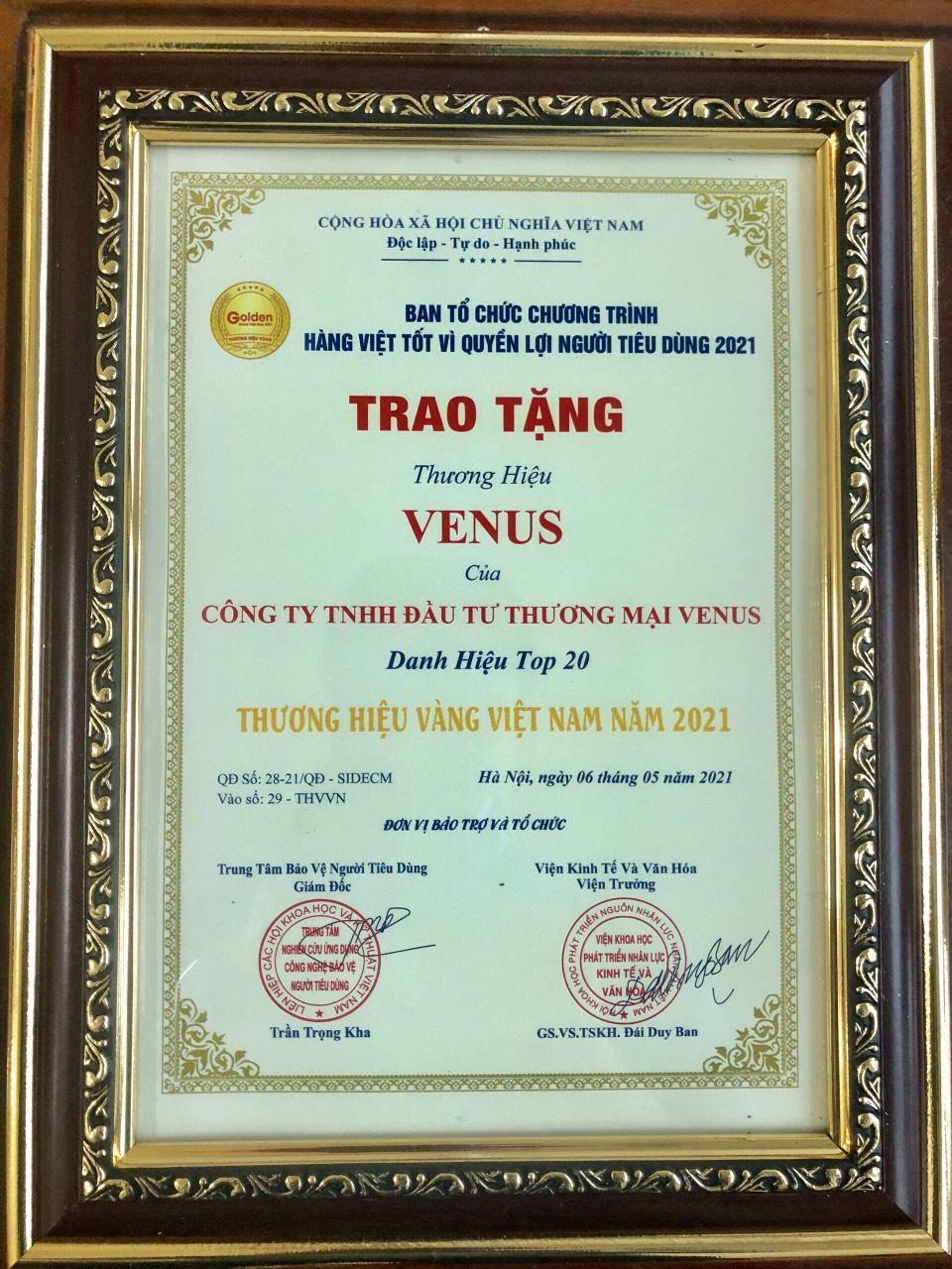Venus vinh dự nhận giải thưởng Top 20 Thương hiệu Vàng Việt Nam năm 2021